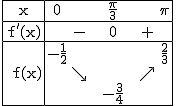 2$\rm~\begin{tabular}{|c|ccccccc|}\hline~x&0& & &\frac{\pi}{3}& & &\pi\\\hline~f'(x)& &-& &0& &+& \\\hline~ &-\frac{1}{2}& & & & & &\frac{2}{3}\\~f(x)& &\searrow& & & &\nearrow&\\~& & & &-\frac{3}{4}& & &\\\hline~\end{tabular}